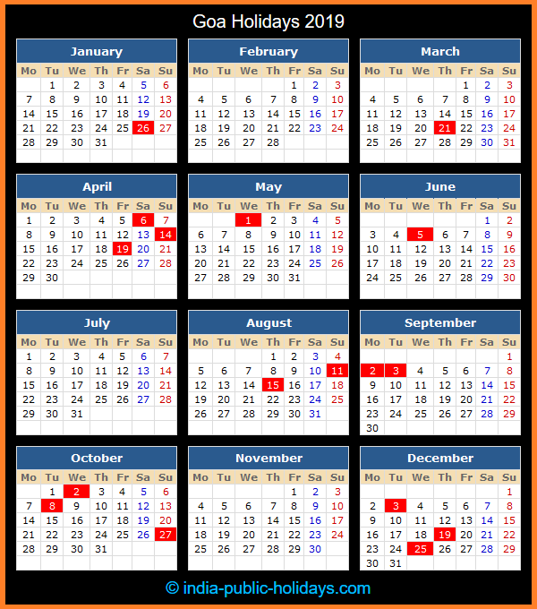 Goa Holiday Calendar 2019